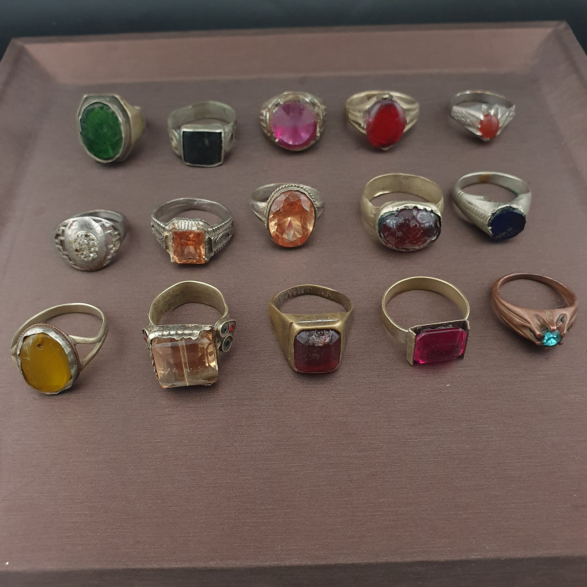Antique Ring Collection Lot of 15 Mixed Brass Stone & Glass Rings