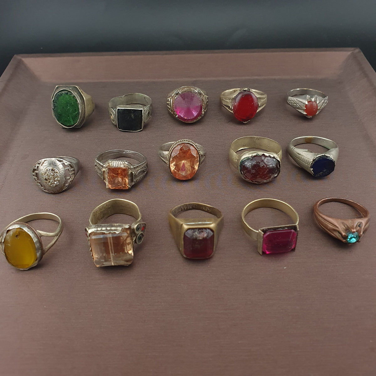 Antique Ring Collection Lot of 15 Mixed Brass Stone & Glass Rings