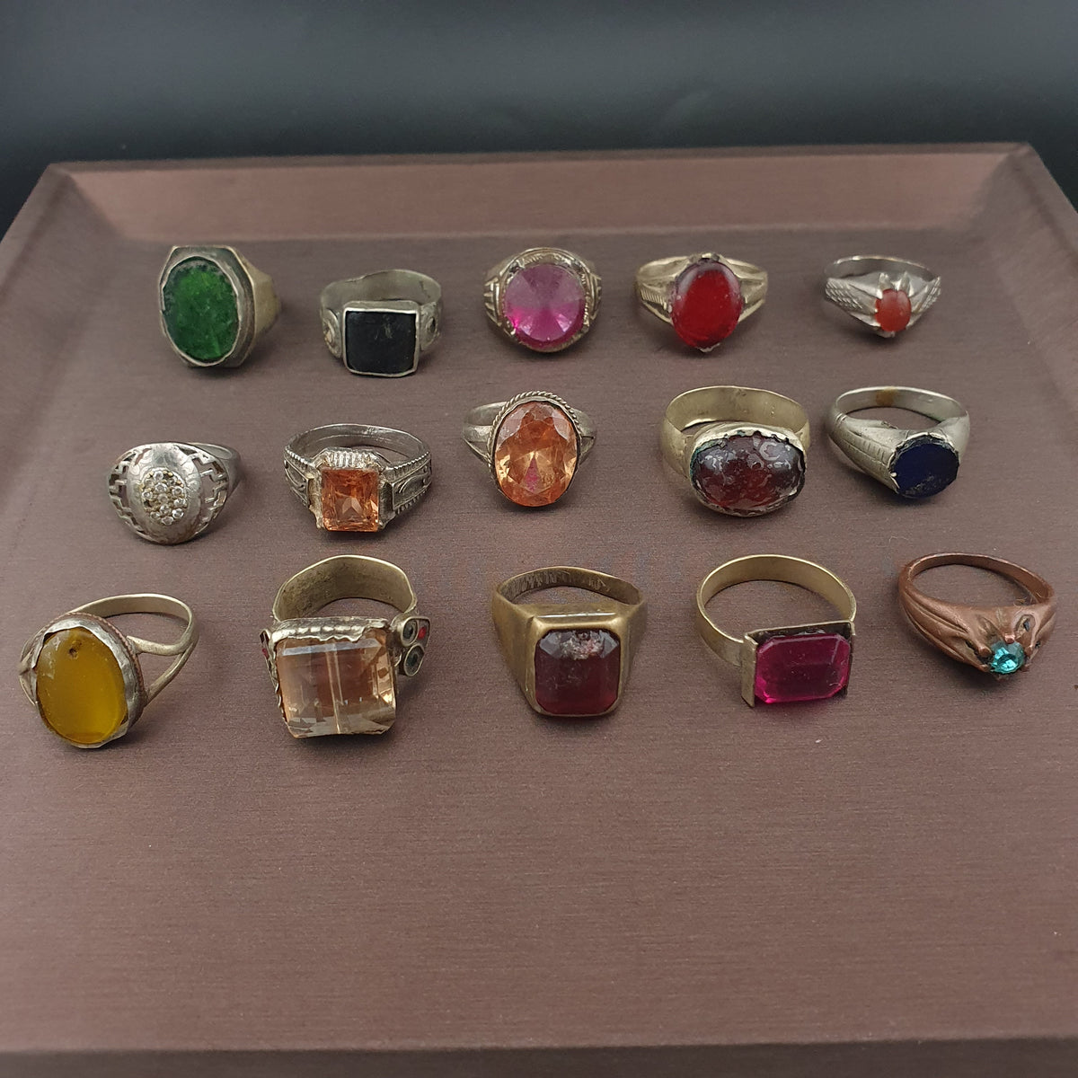 Antique Ring Collection Lot of 15 Mixed Brass Stone & Glass Rings