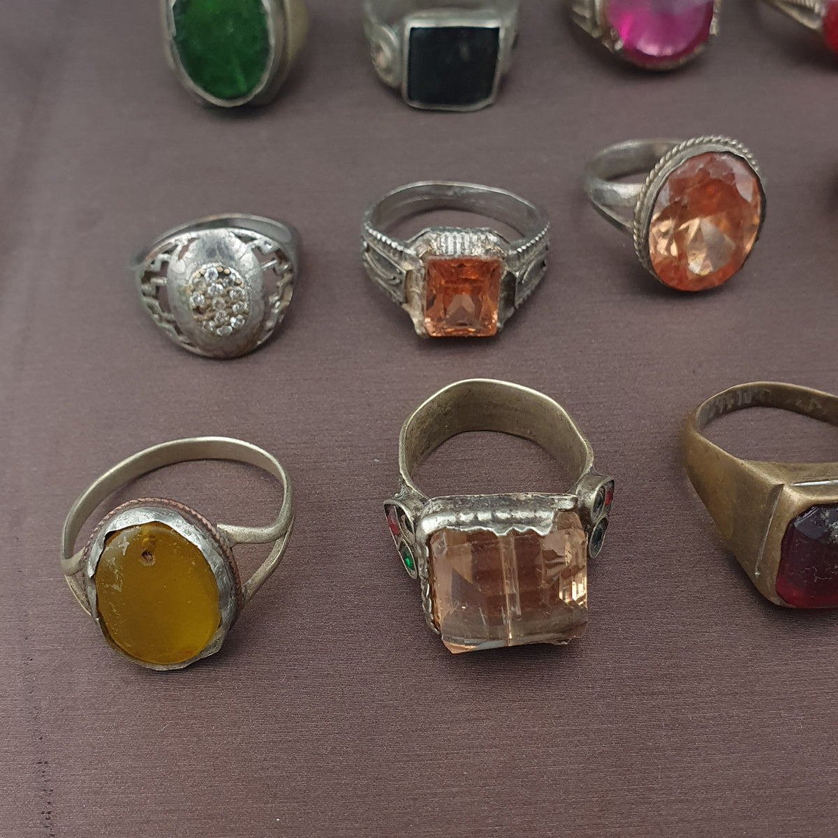 Antique Ring Collection Lot of 15 Mixed Brass Stone & Glass Rings