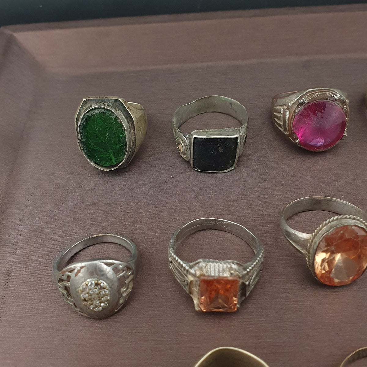 Antique Ring Collection Lot of 15 Mixed Brass Stone & Glass Rings