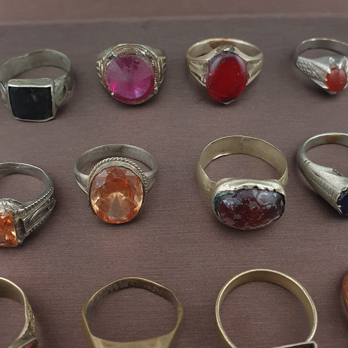 Antique Ring Collection Lot of 15 Mixed Brass Stone & Glass Rings
