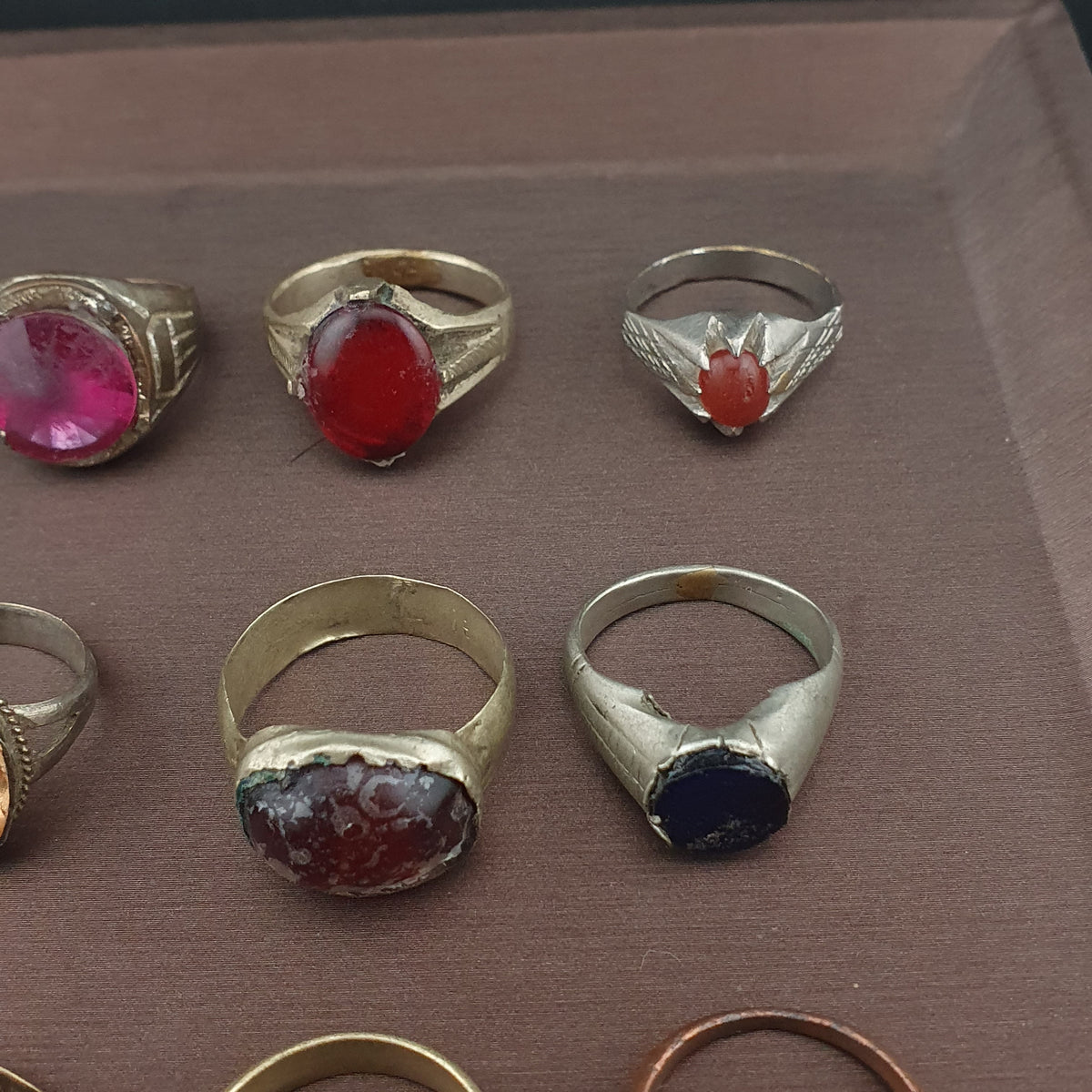 Antique Ring Collection Lot of 15 Mixed Brass Stone & Glass Rings