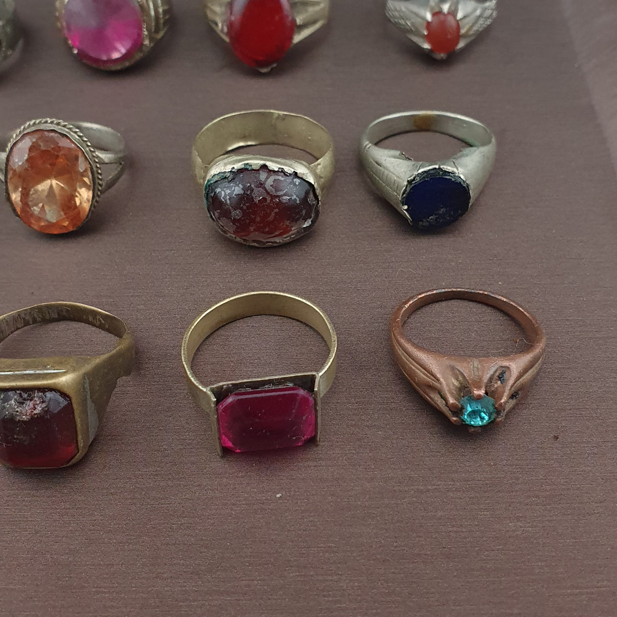 Antique Ring Collection Lot of 15 Mixed Brass Stone & Glass Rings