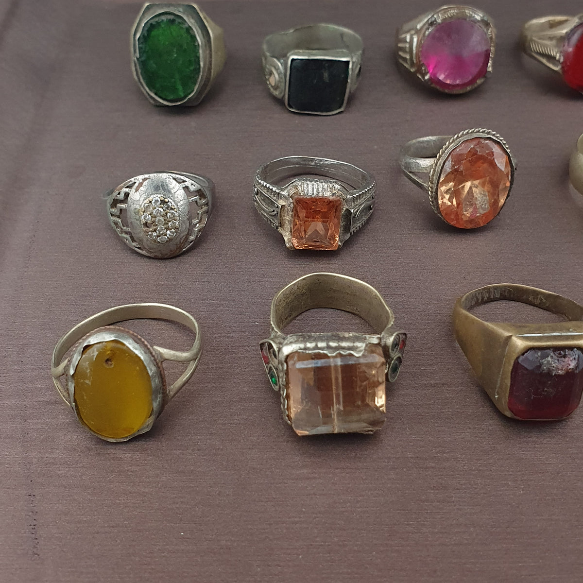 Antique Ring Collection Lot of 15 Mixed Brass Stone & Glass Rings