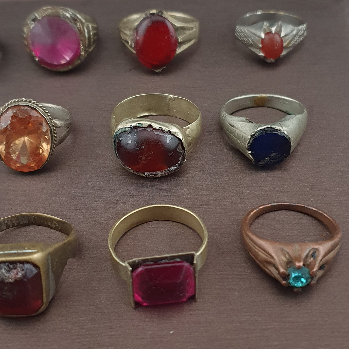 Antique Ring Collection Lot of 15 Mixed Brass Stone & Glass Rings
