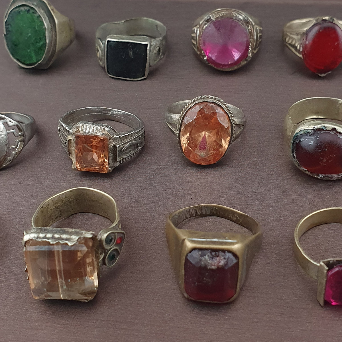 Antique Ring Collection Lot of 15 Mixed Brass Stone & Glass Rings