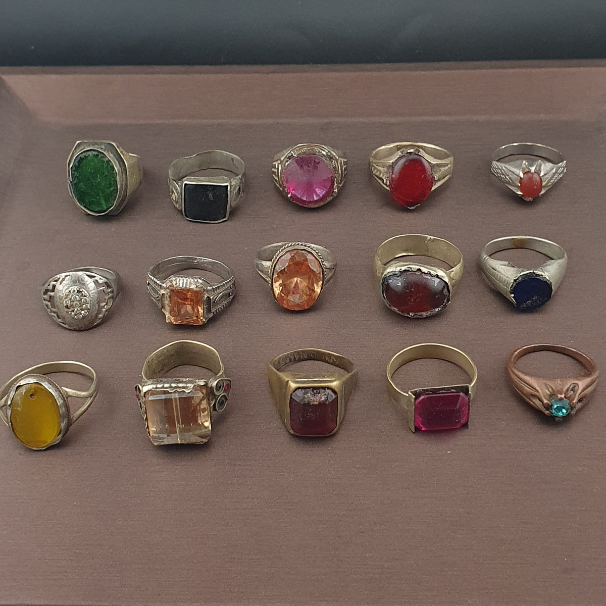 Antique Ring Collection Lot of 15 Mixed Brass Stone & Glass Rings