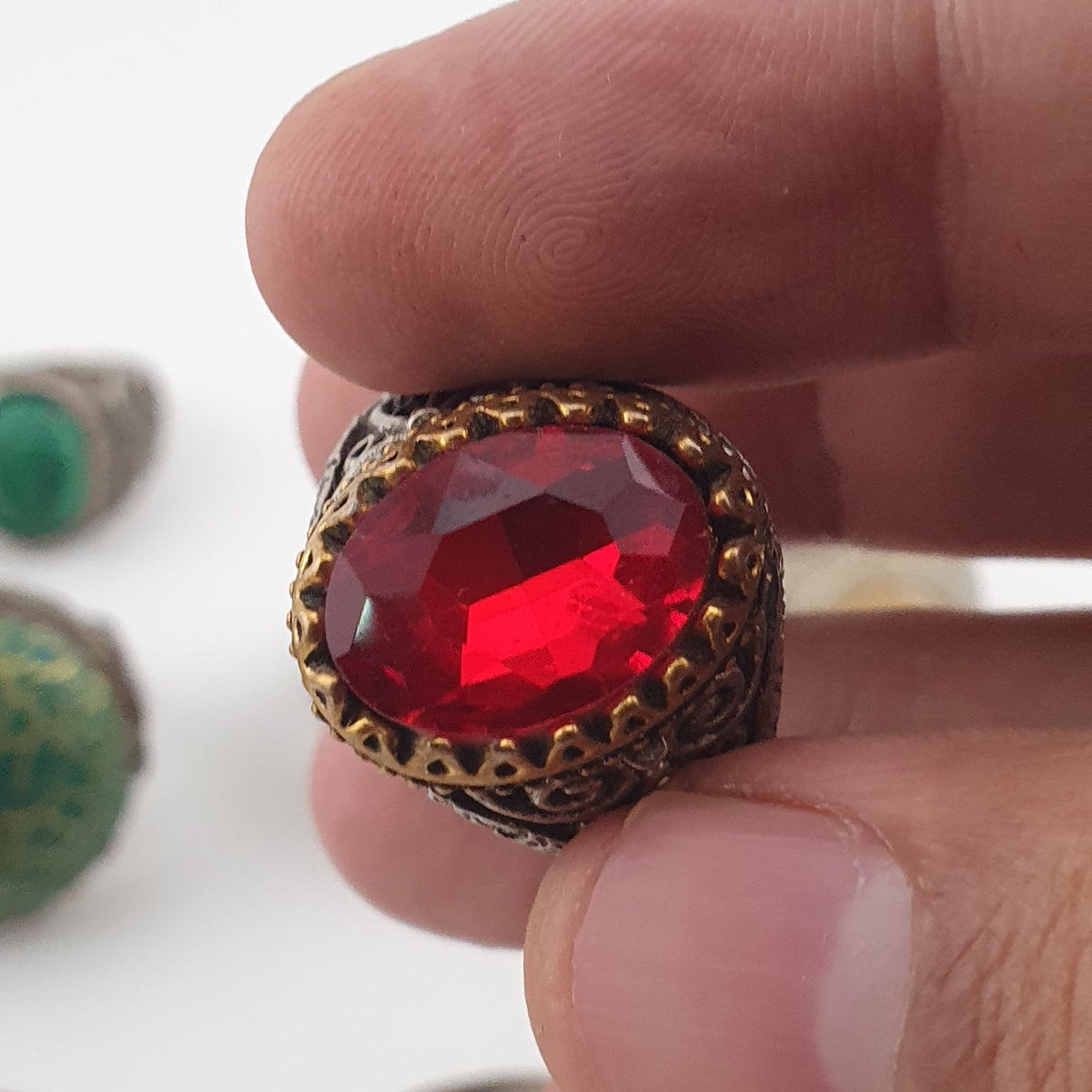 15 Mixed Vintage Rings Antique Style Brass Glass & Stone Collectible Ring Lot