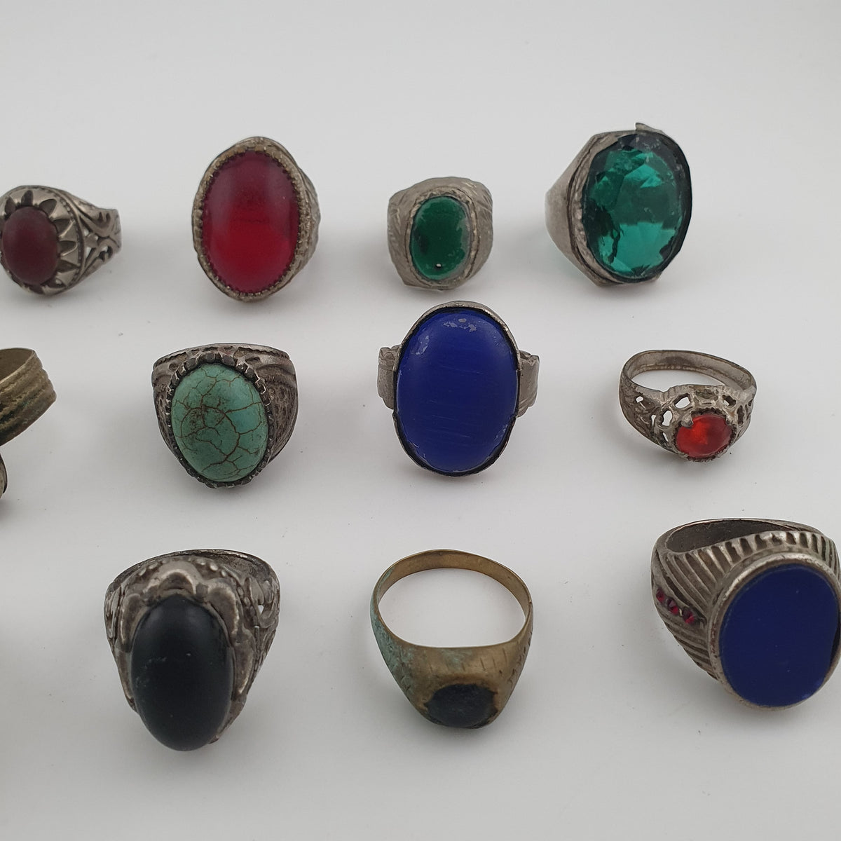 Antique Ring Collection Lot of 15 Mixed Brass & Stone,Glass Antique Style Rings