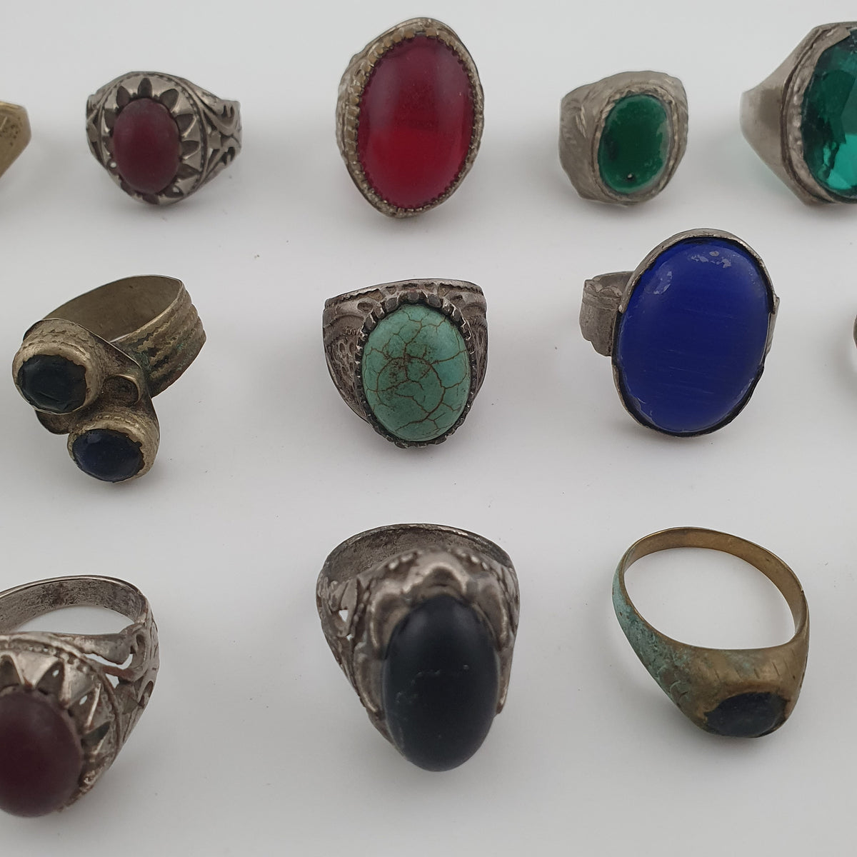Antique Ring Collection Lot of 15 Mixed Brass & Stone,Glass Antique Style Rings