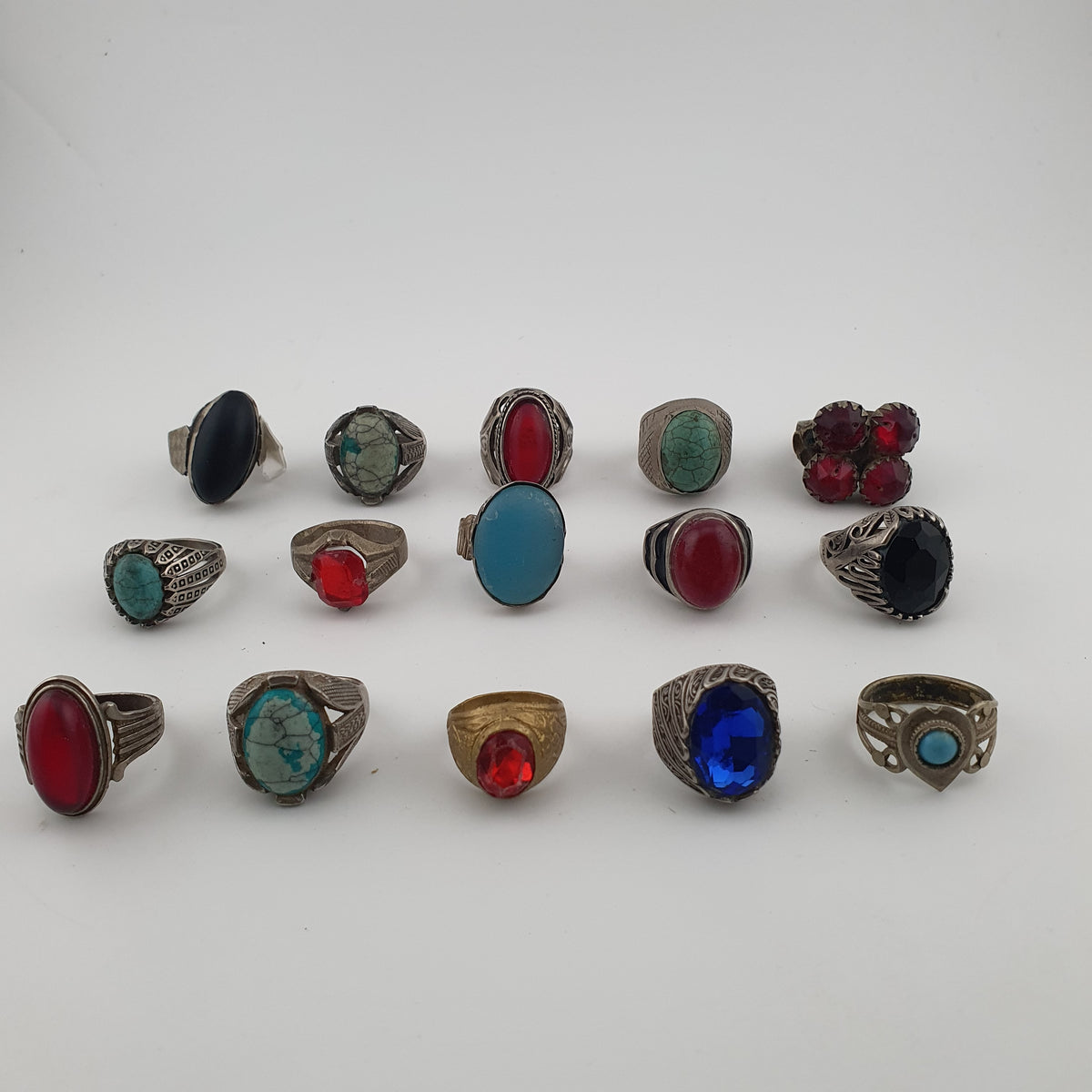 15 Rustic Brass Rings – Mixed Traditional Glass & Stone Ring Collection