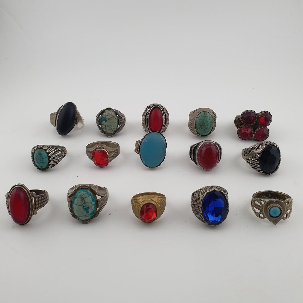 15 Rustic Brass Rings – Mixed Traditional Glass & Stone Ring Collection