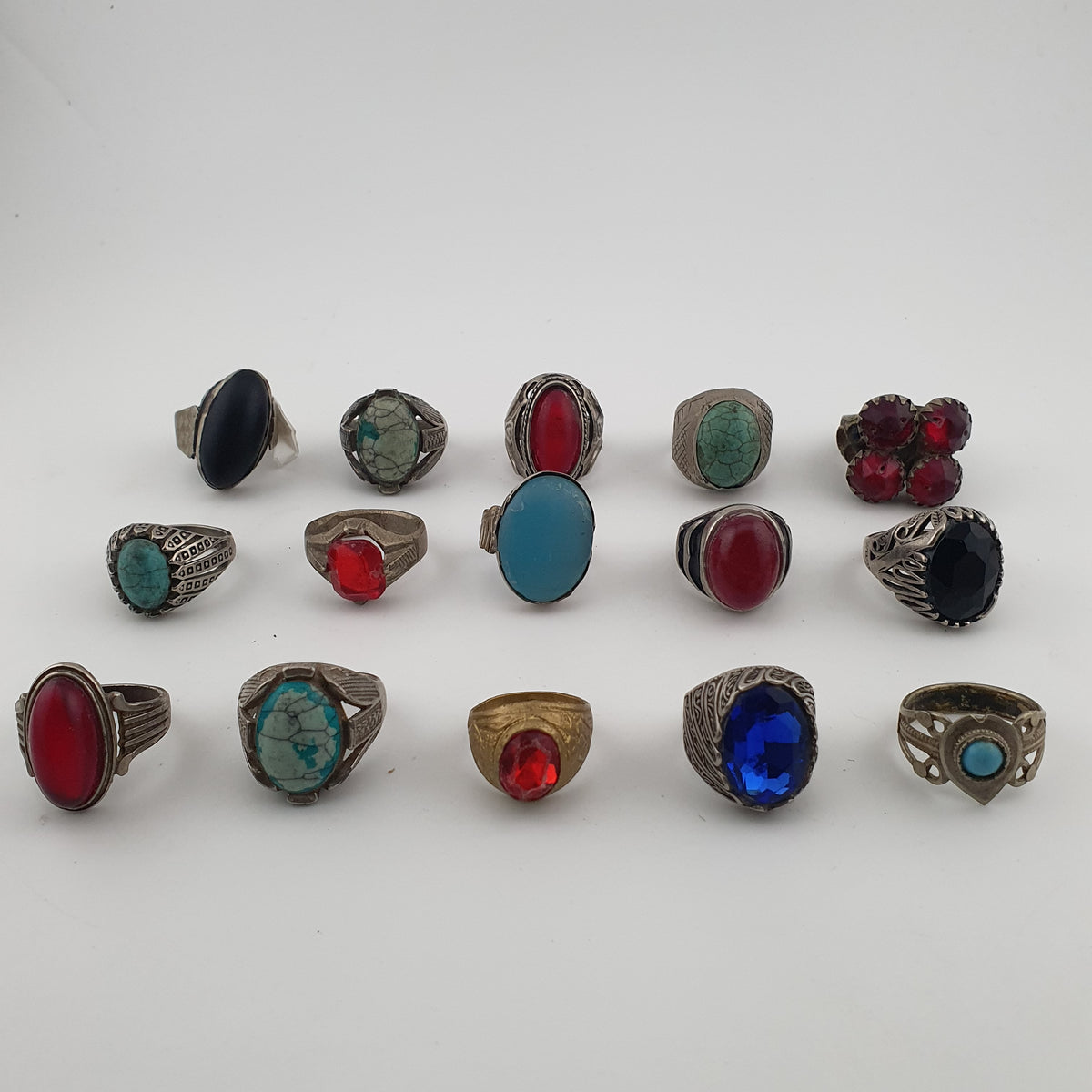 15 Rustic Brass Rings – Mixed Traditional Glass & Stone Ring Collection