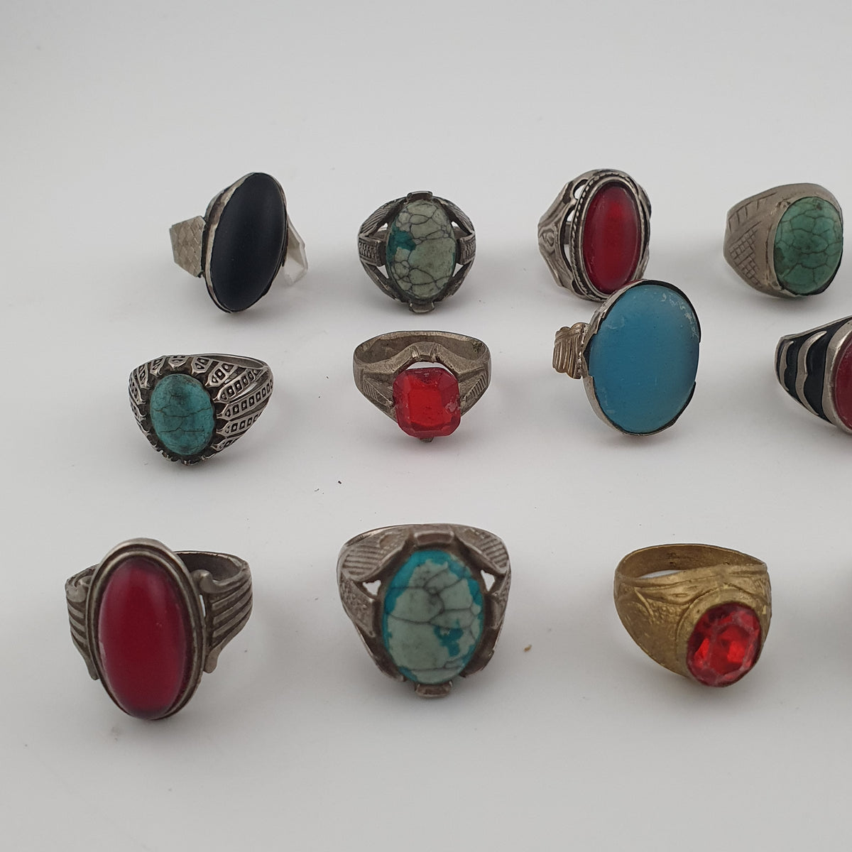 15 Rustic Brass Rings – Mixed Traditional Glass & Stone Ring Collection