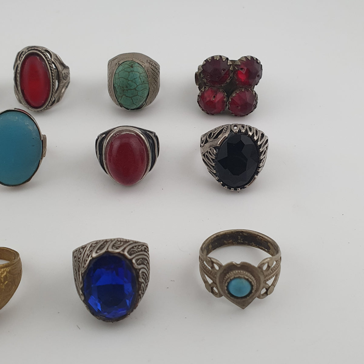 15 Rustic Brass Rings – Mixed Traditional Glass & Stone Ring Collection