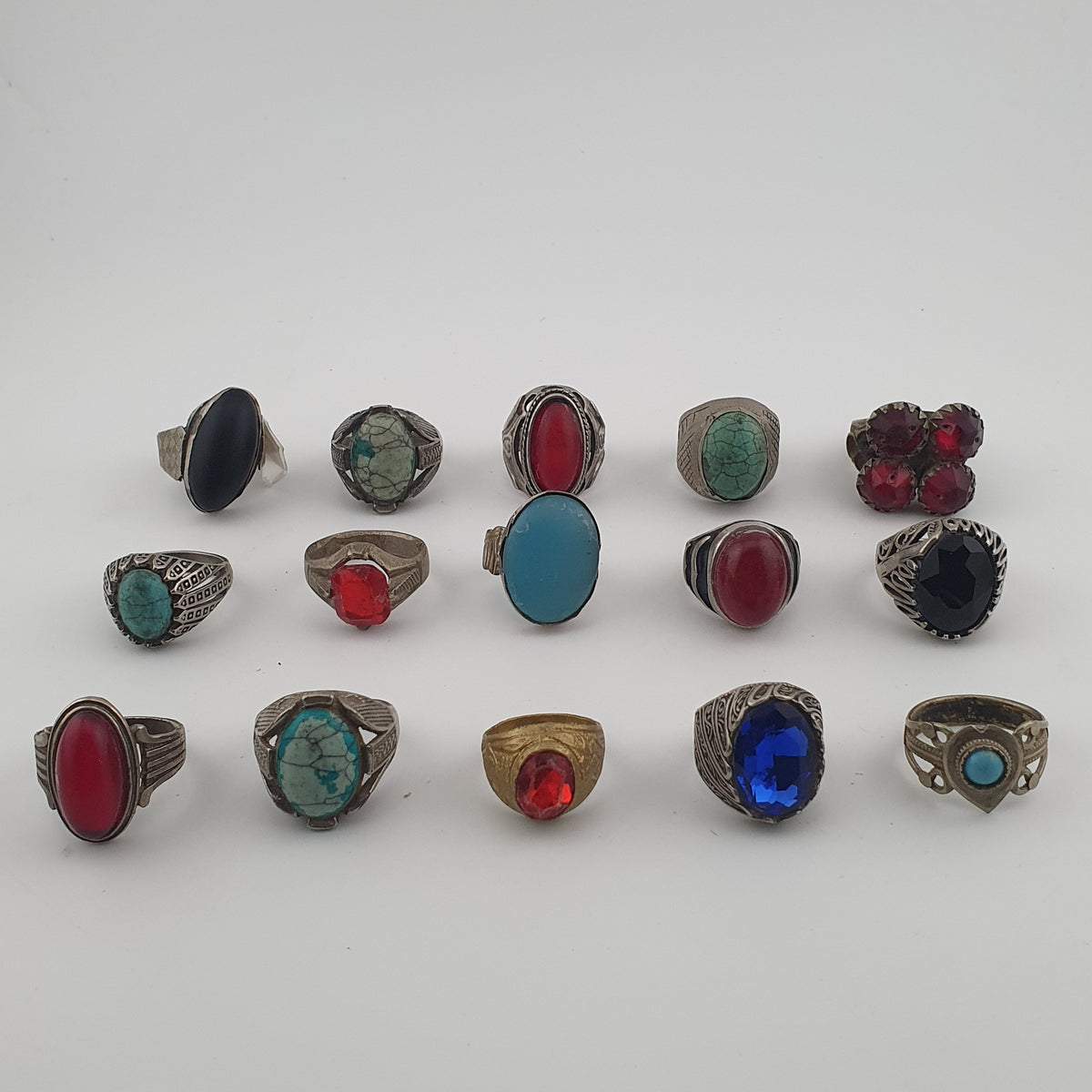 15 Rustic Brass Rings – Mixed Traditional Glass & Stone Ring Collection