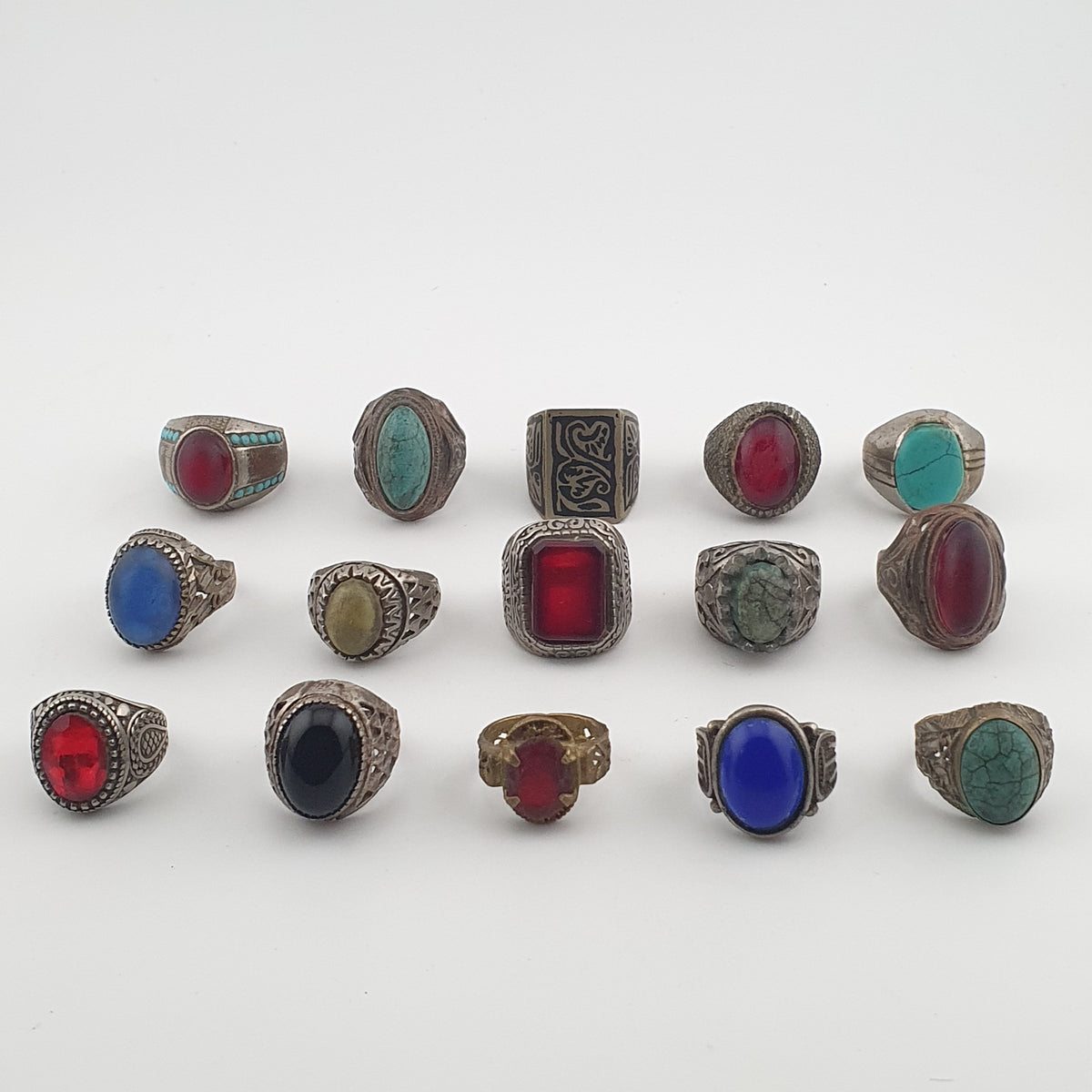 15 Ancient Style Antique Rings Mixed Brass Stone & Glass Collectible Lot