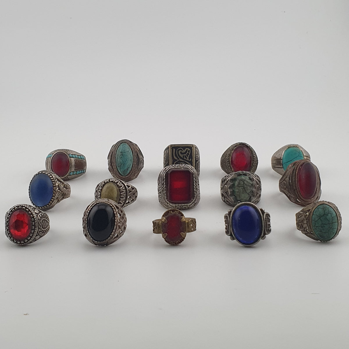 15 Ancient Style Antique Rings Mixed Brass Stone & Glass Collectible Lot