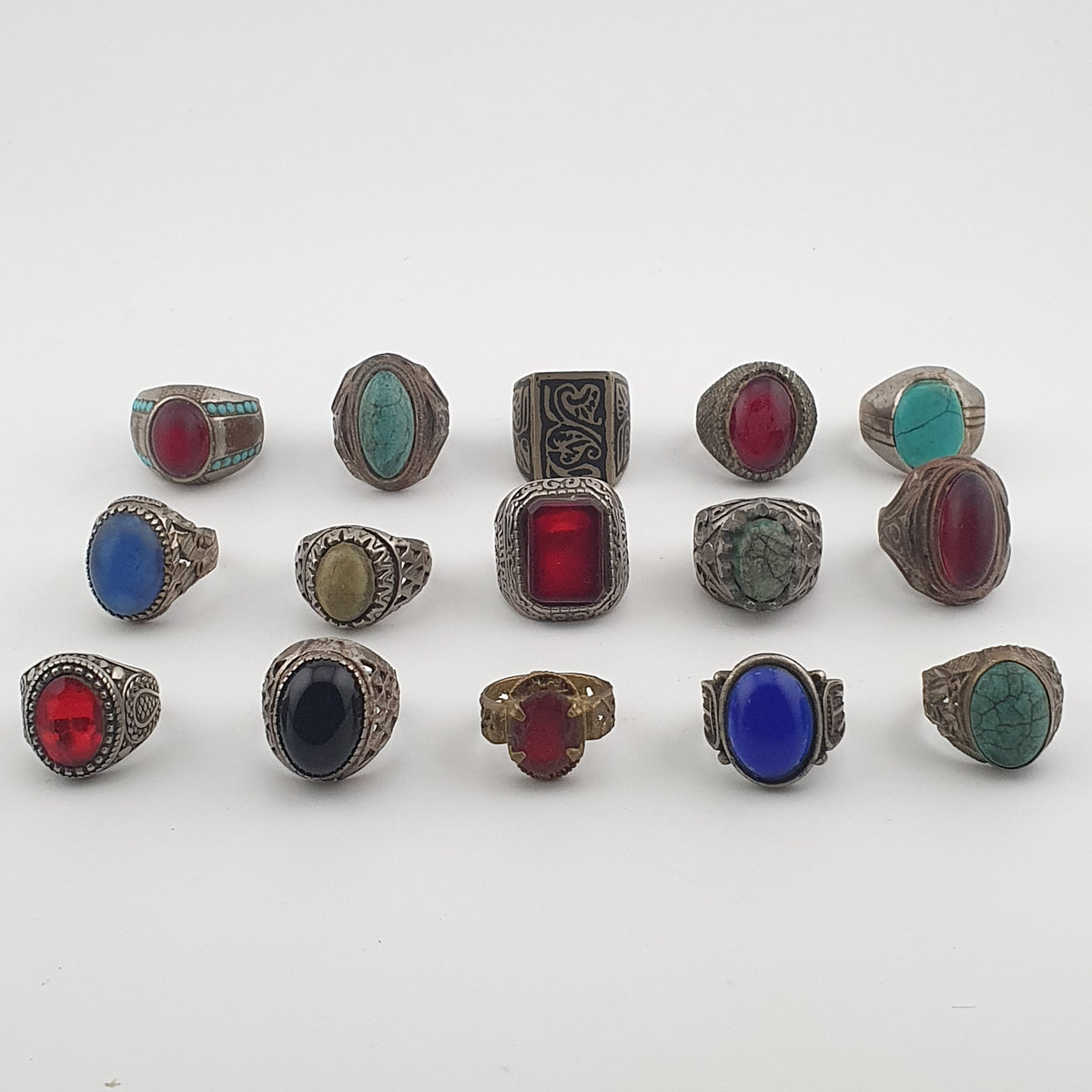 15 Ancient Style Antique Rings Mixed Brass Stone & Glass Collectible Lot