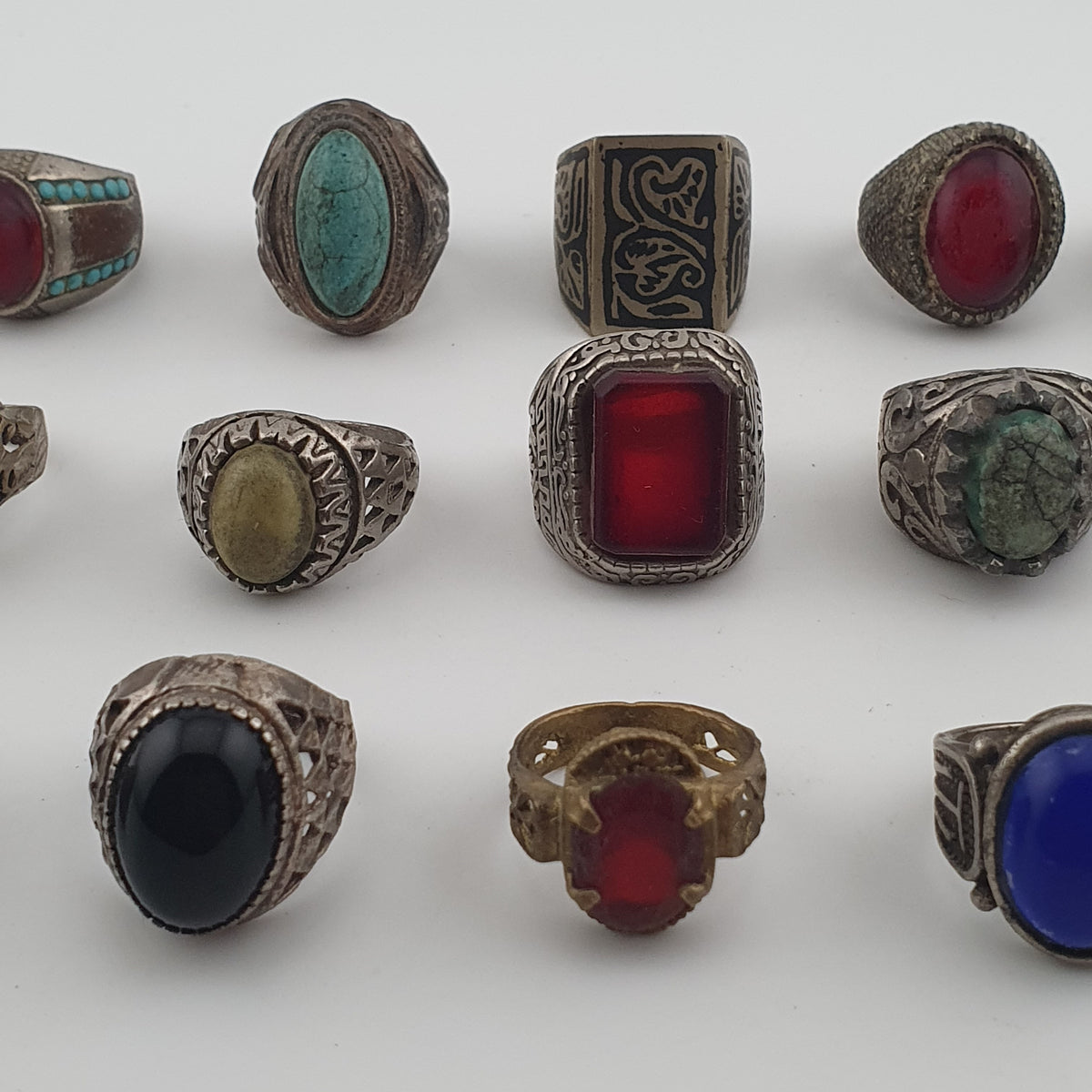 15 Ancient Style Antique Rings Mixed Brass Stone & Glass Collectible Lot