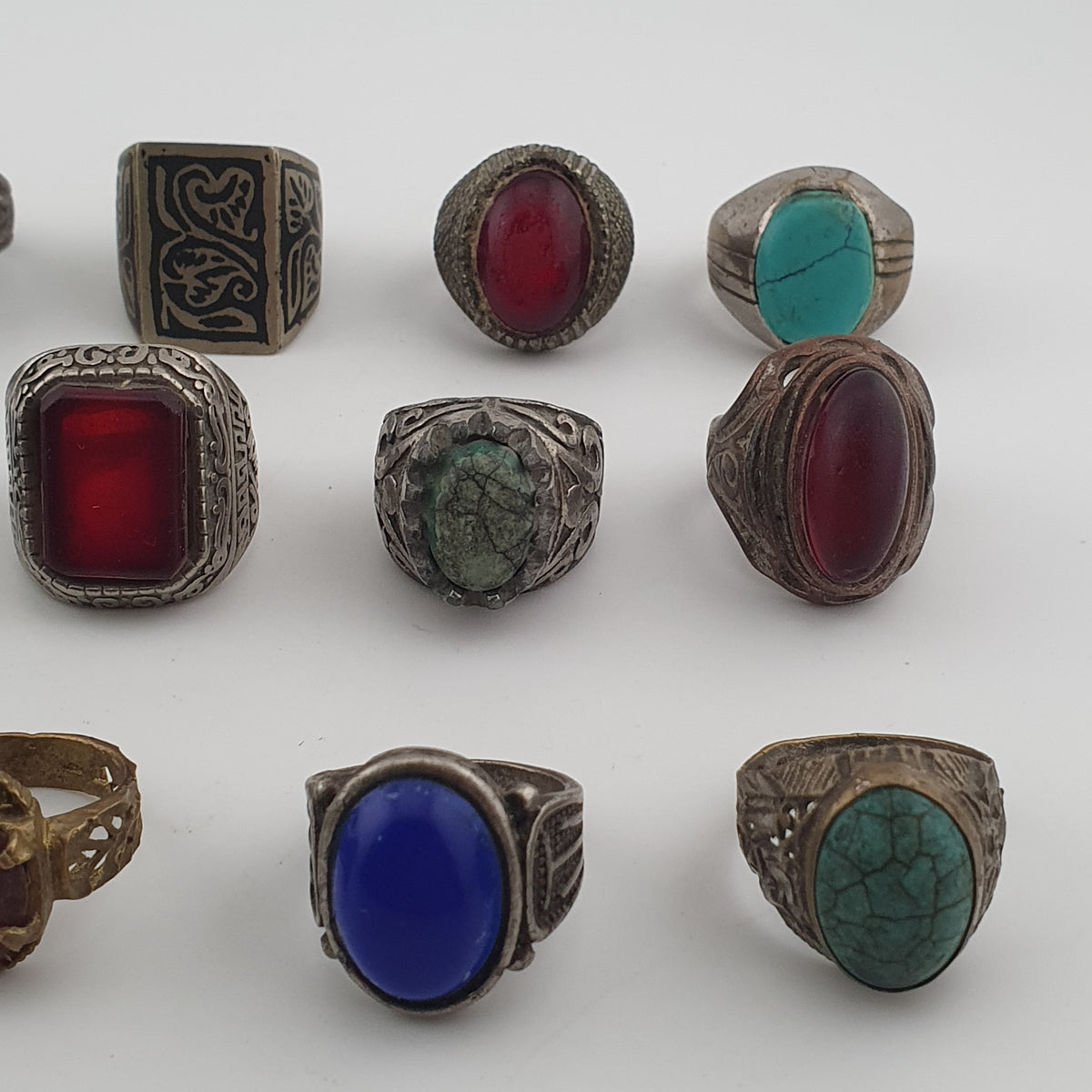 15 Ancient Style Antique Rings Mixed Brass Stone & Glass Collectible Lot