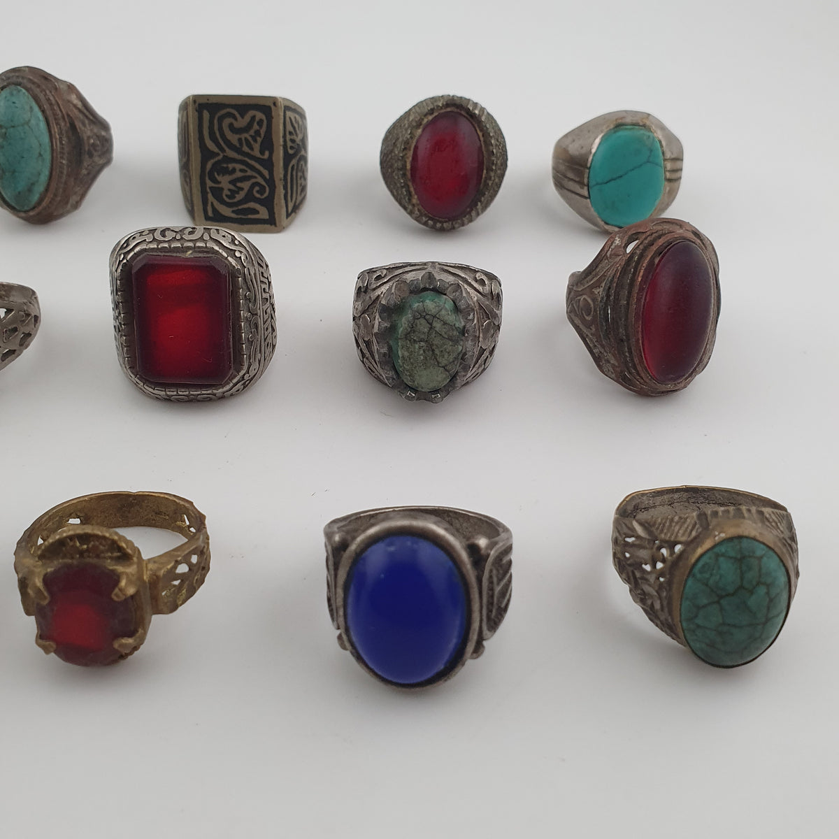 15 Ancient Style Antique Rings Mixed Brass Stone & Glass Collectible Lot