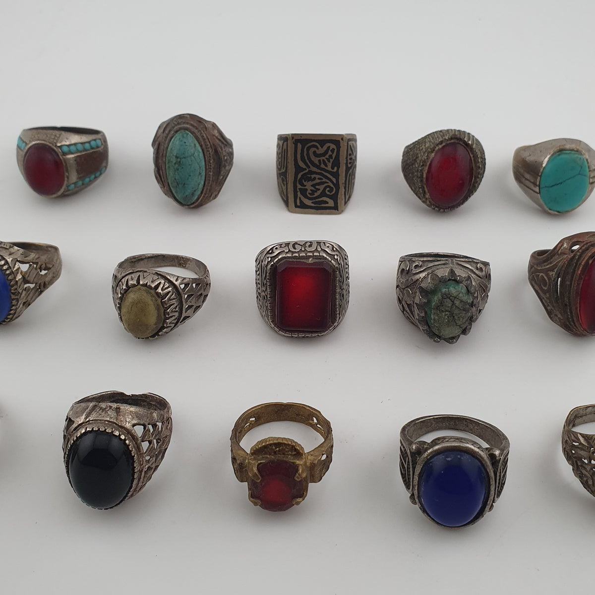 15 Ancient Style Antique Rings Mixed Brass Stone & Glass Collectible Lot