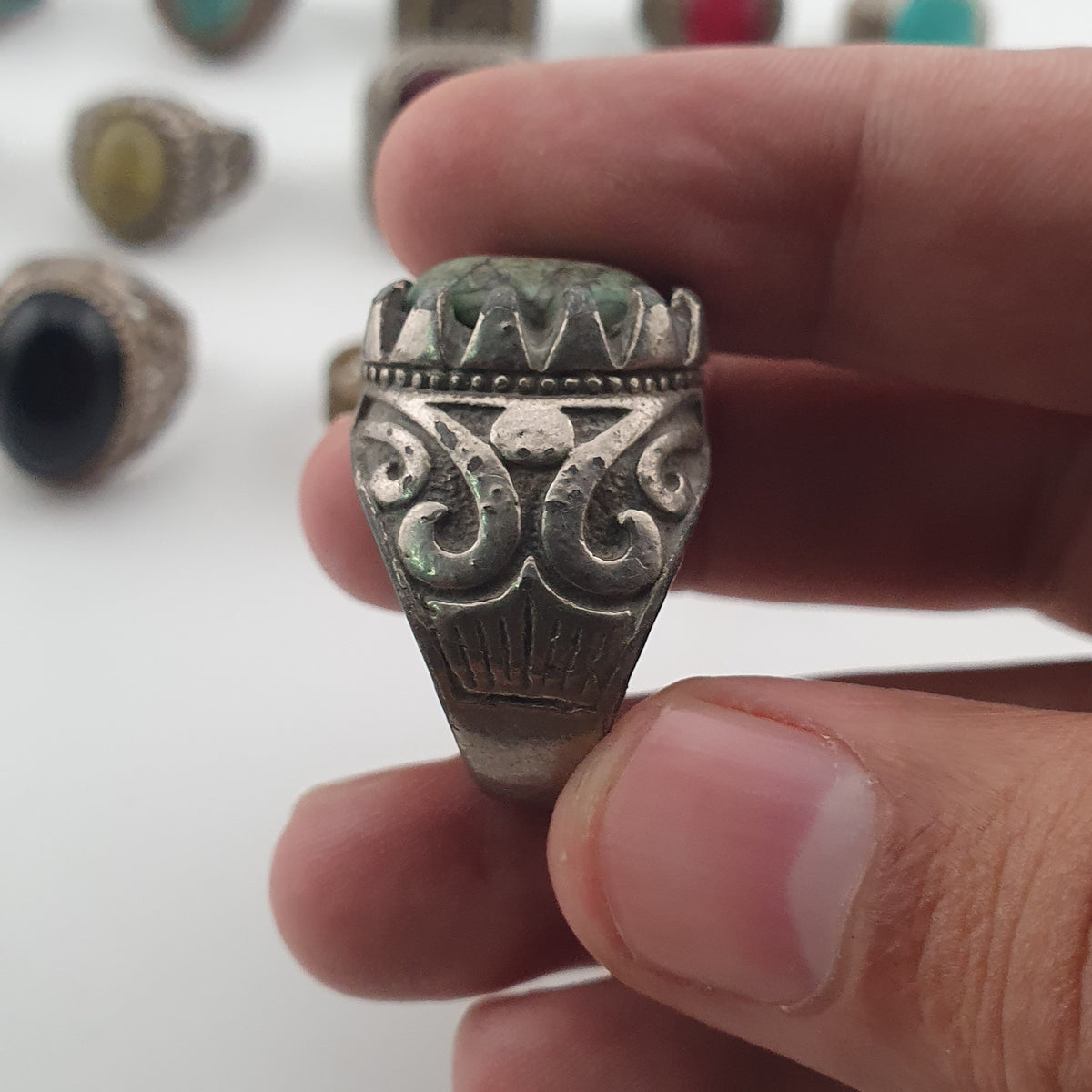 15 Ancient Style Antique Rings Mixed Brass Stone & Glass Collectible Lot