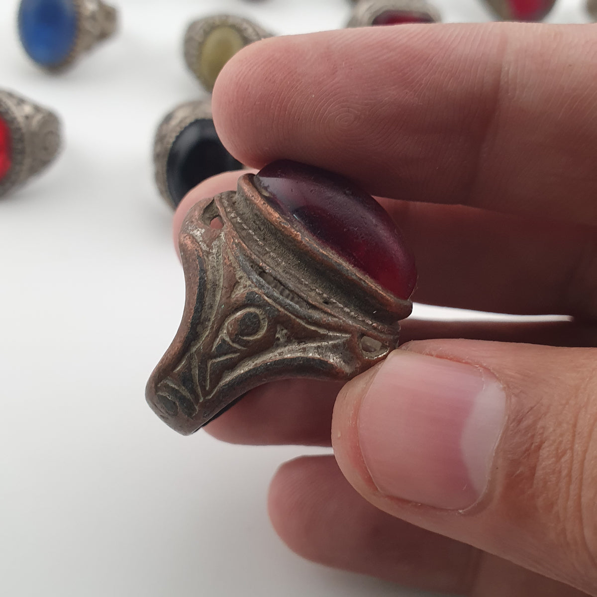 15 Ancient Style Antique Rings Mixed Brass Stone & Glass Collectible Lot