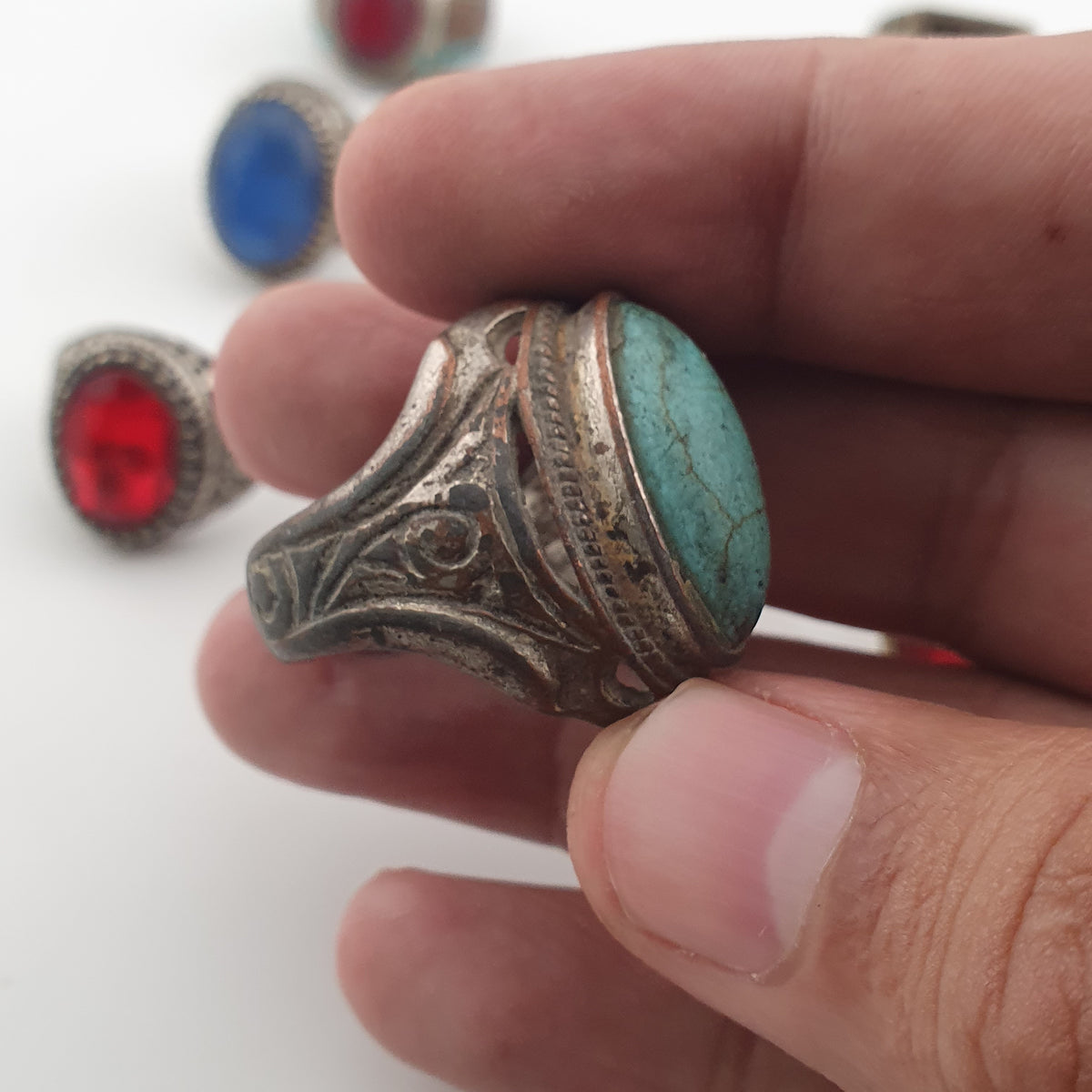 15 Ancient Style Antique Rings Mixed Brass Stone & Glass Collectible Lot