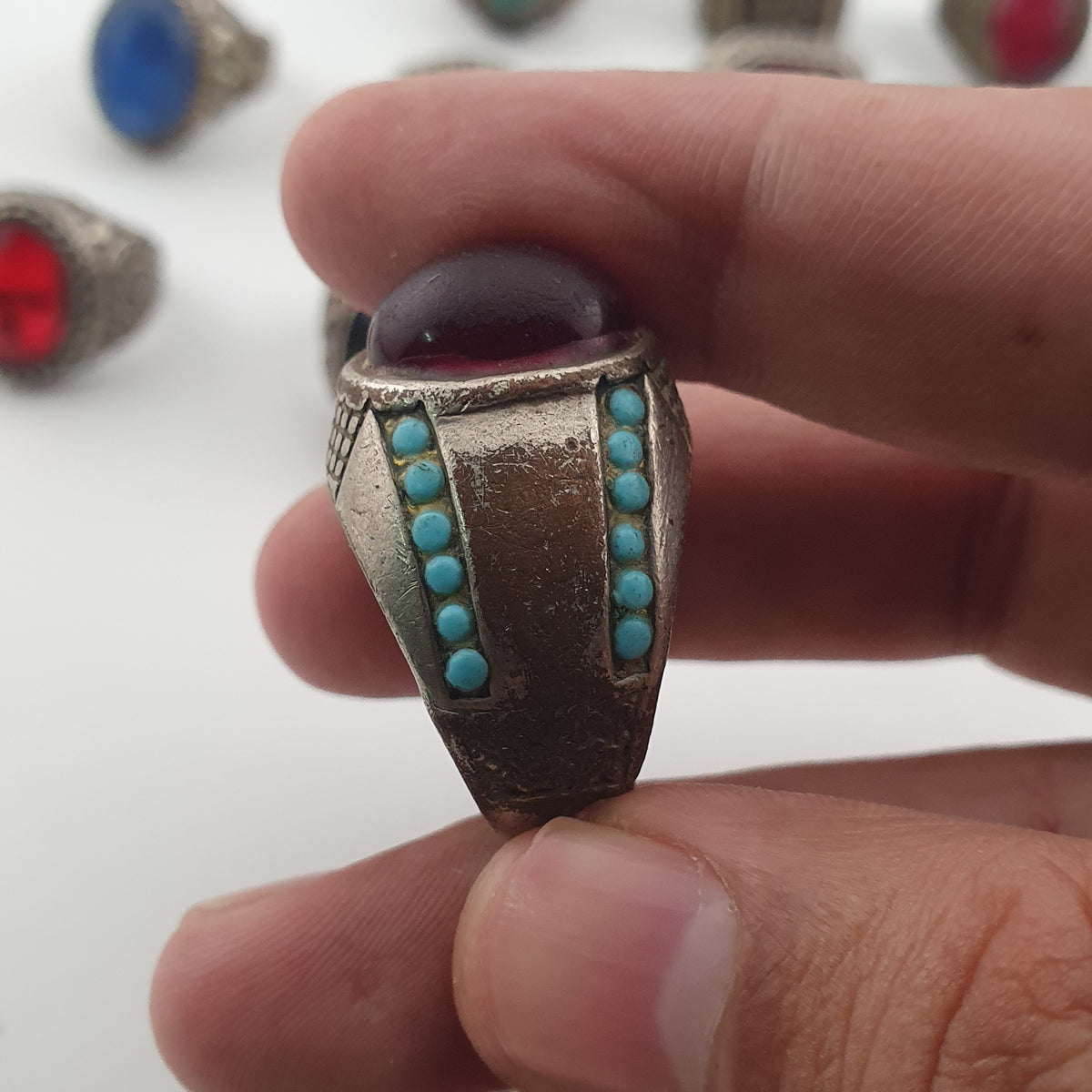 15 Ancient Style Antique Rings Mixed Brass Stone & Glass Collectible Lot