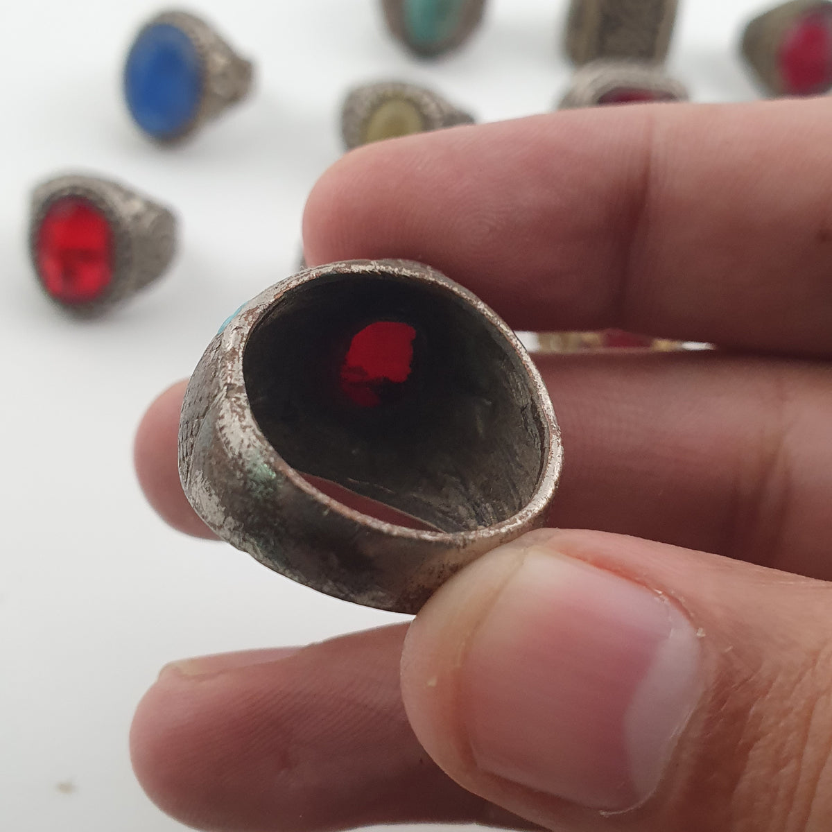 15 Ancient Style Antique Rings Mixed Brass Stone & Glass Collectible Lot