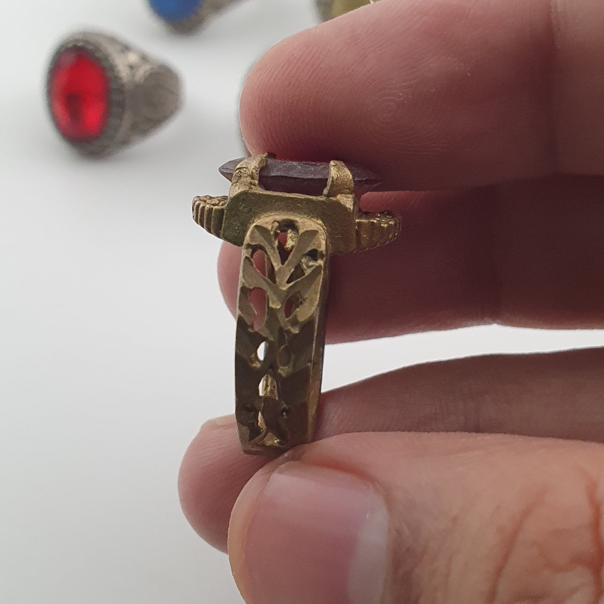 15 Ancient Style Antique Rings Mixed Brass Stone & Glass Collectible Lot