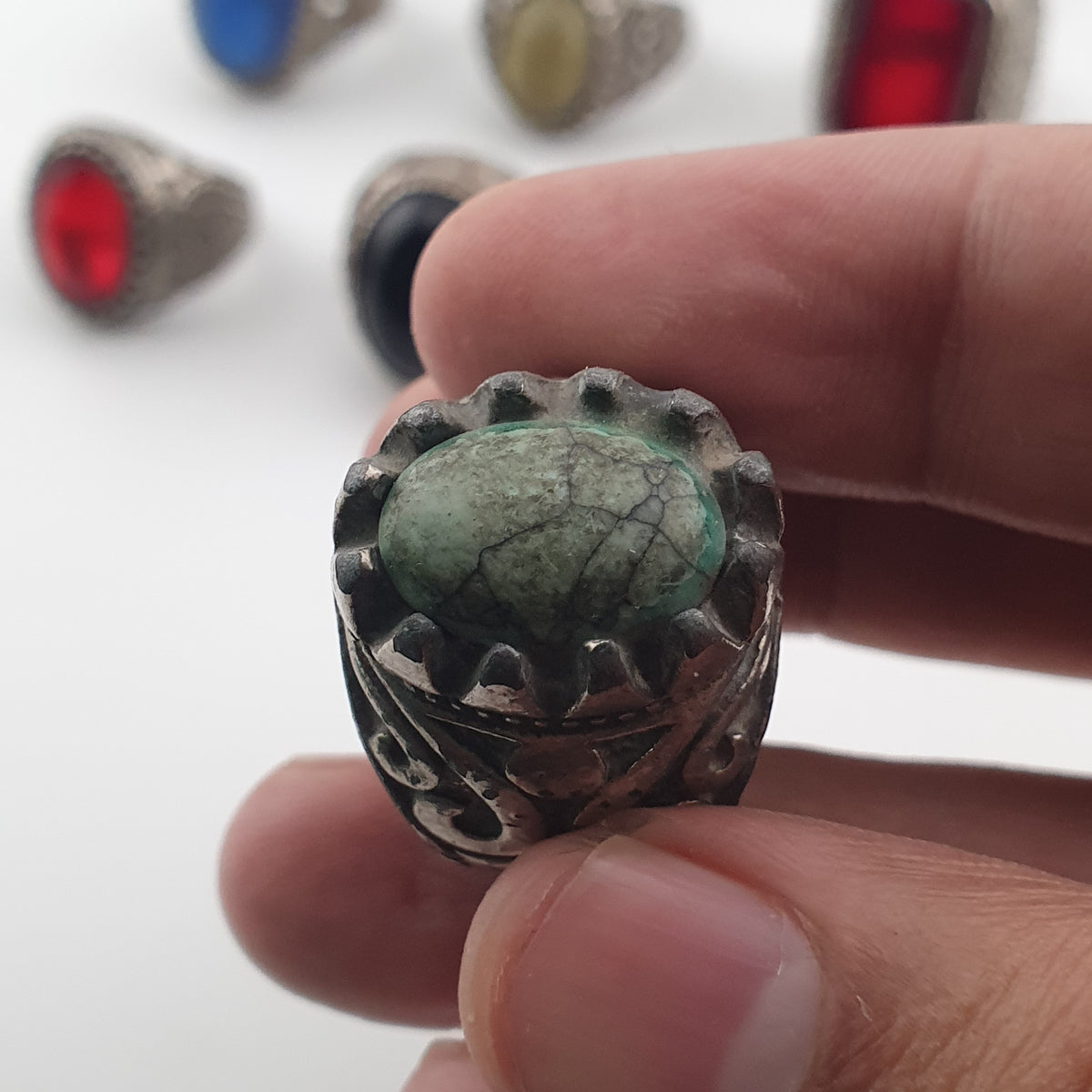 15 Ancient Style Antique Rings Mixed Brass Stone & Glass Collectible Lot