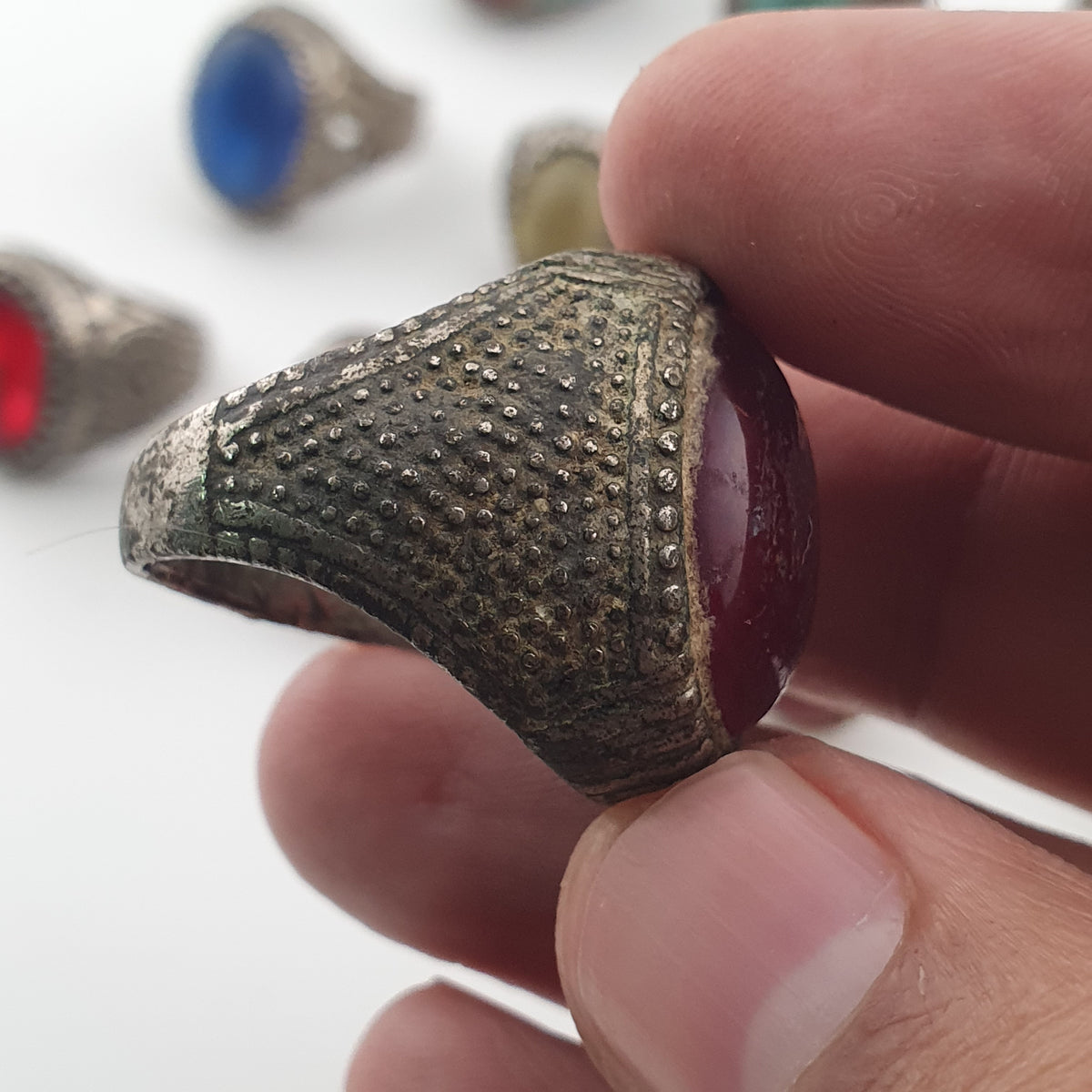 15 Ancient Style Antique Rings Mixed Brass Stone & Glass Collectible Lot