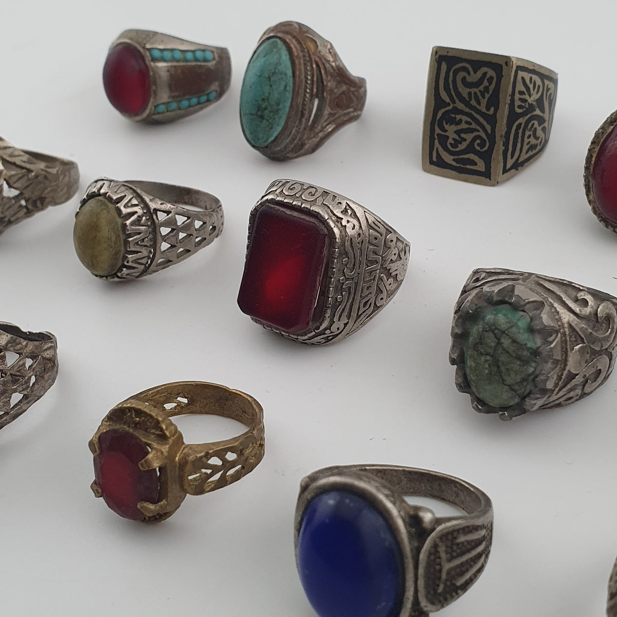 15 Ancient Style Antique Rings Mixed Brass Stone & Glass Collectible Lot