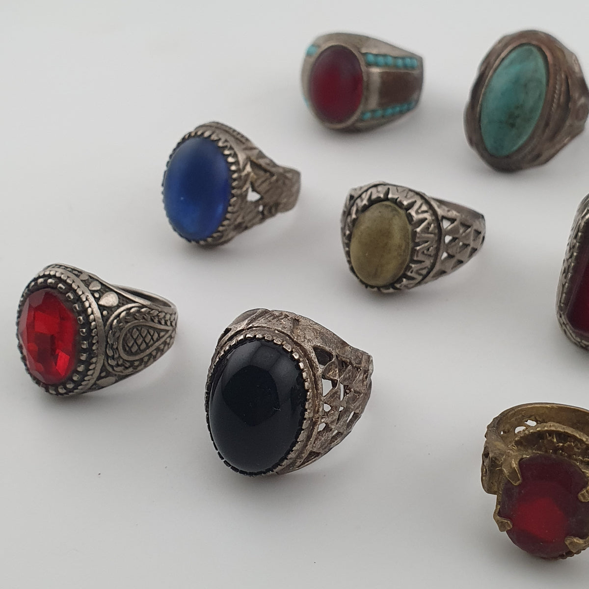 15 Ancient Style Antique Rings Mixed Brass Stone & Glass Collectible Lot