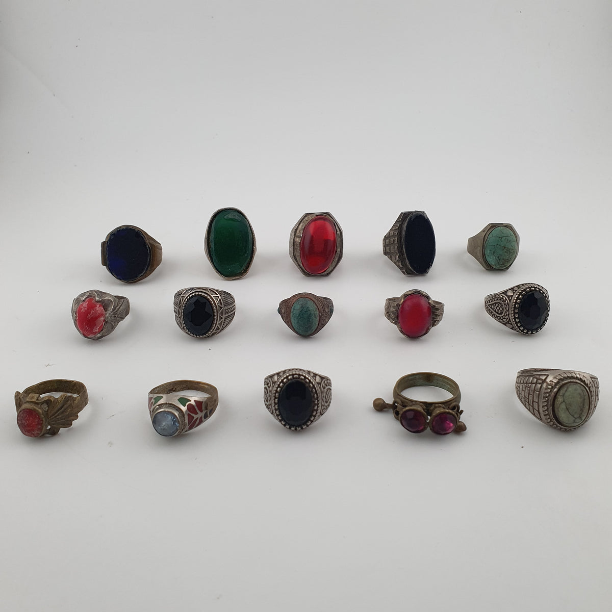 Antique Ring Collection Lot of 15 Brass Stone & Glass Rings
