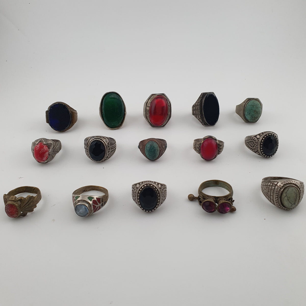 Antique Ring Collection Lot of 15 Brass Stone & Glass Rings