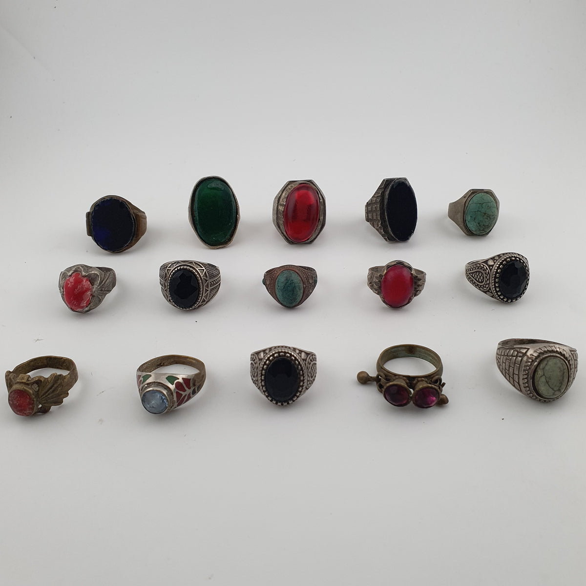 Antique Ring Collection Lot of 15 Brass Stone & Glass Rings