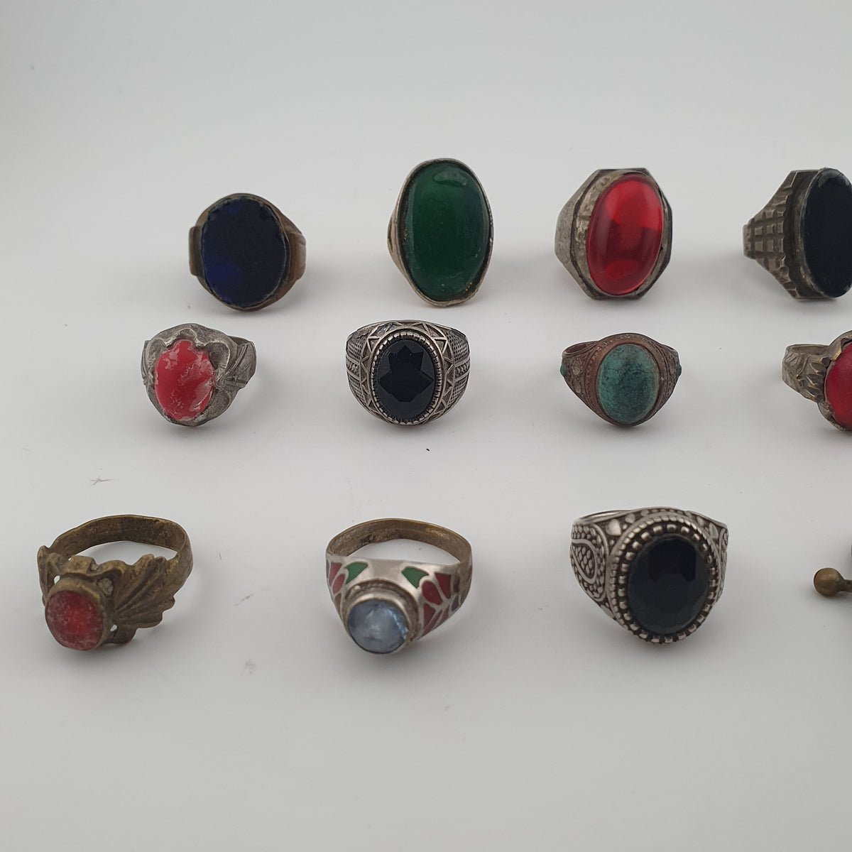 Antique Ring Collection Lot of 15 Brass Stone & Glass Rings