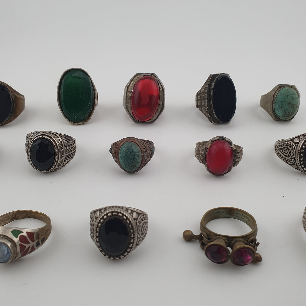 Antique Ring Collection Lot of 15 Brass Stone & Glass Rings