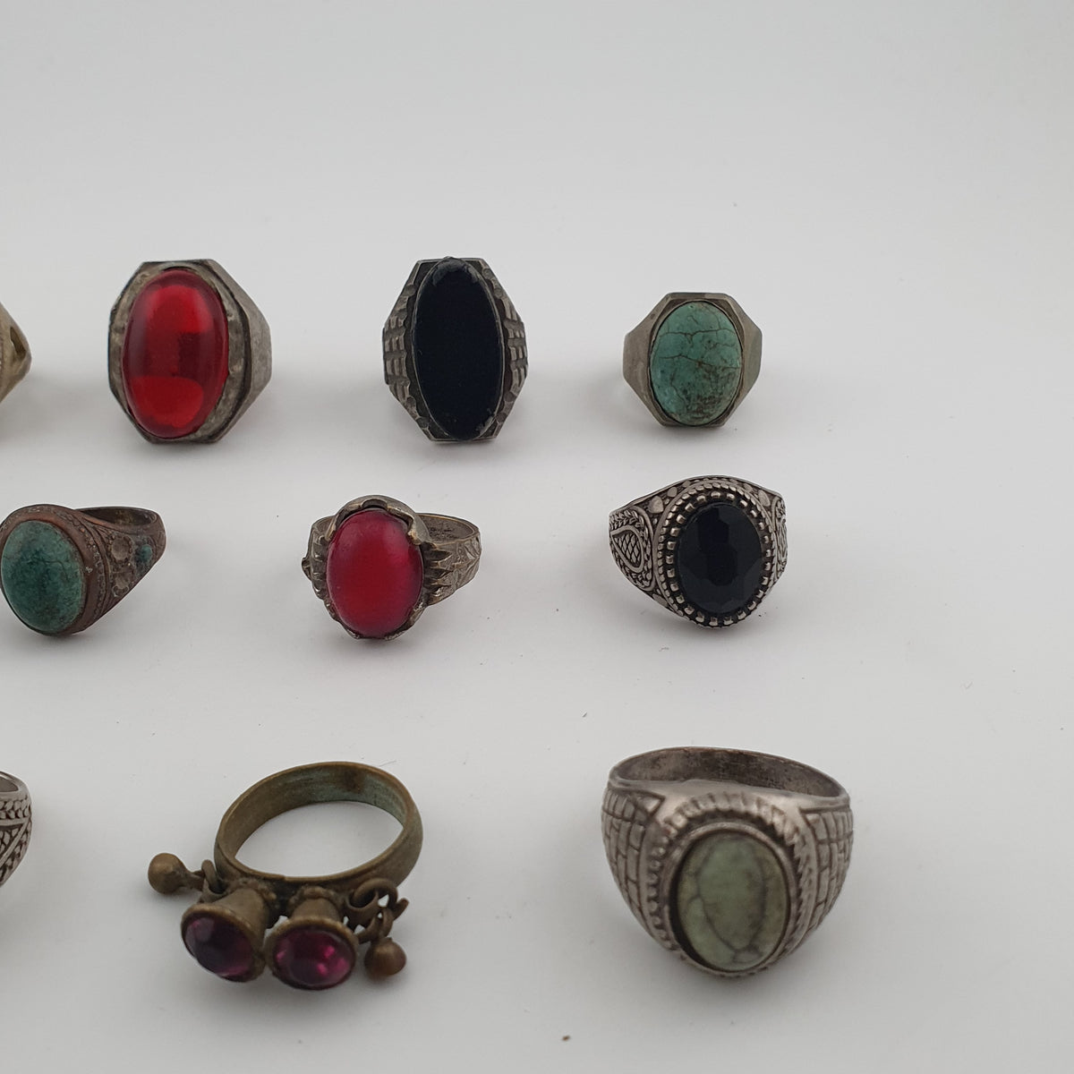 Antique Ring Collection Lot of 15 Brass Stone & Glass Rings