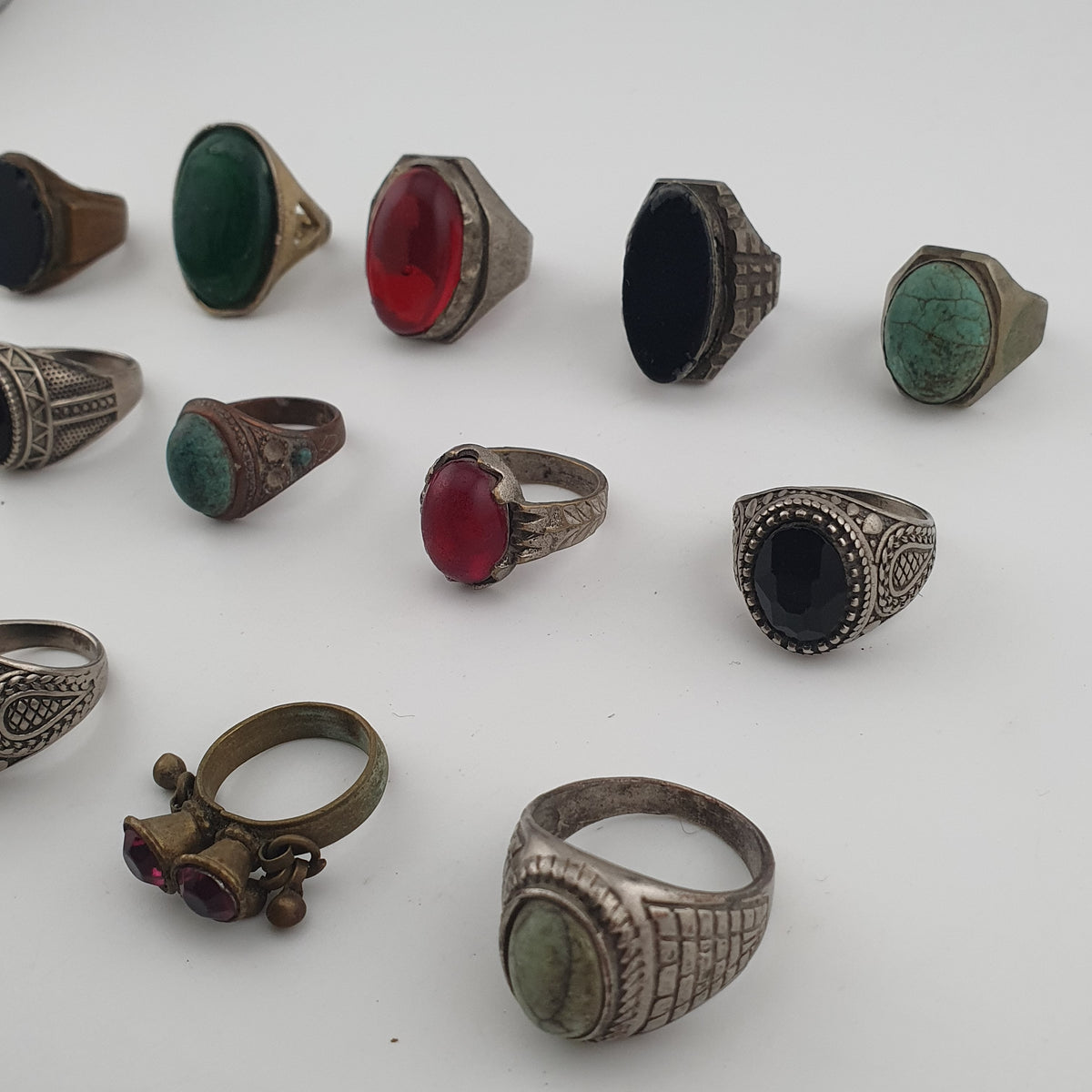 Antique Ring Collection Lot of 15 Brass Stone & Glass Rings