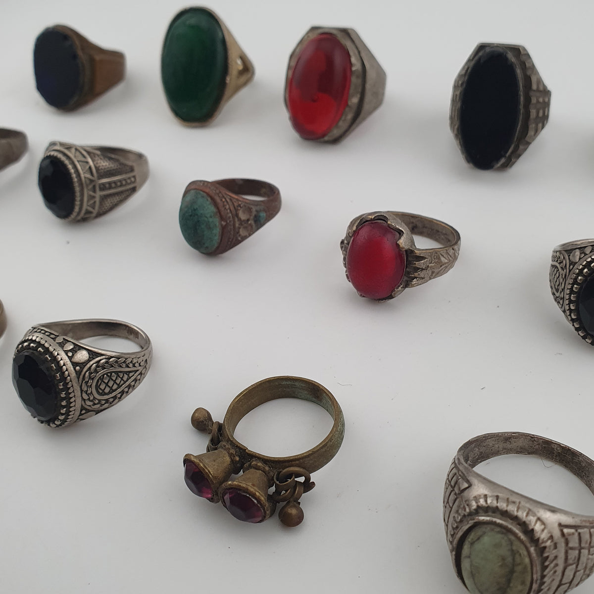 Antique Ring Collection Lot of 15 Brass Stone & Glass Rings