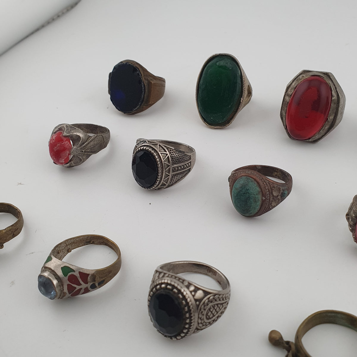Antique Ring Collection Lot of 15 Brass Stone & Glass Rings