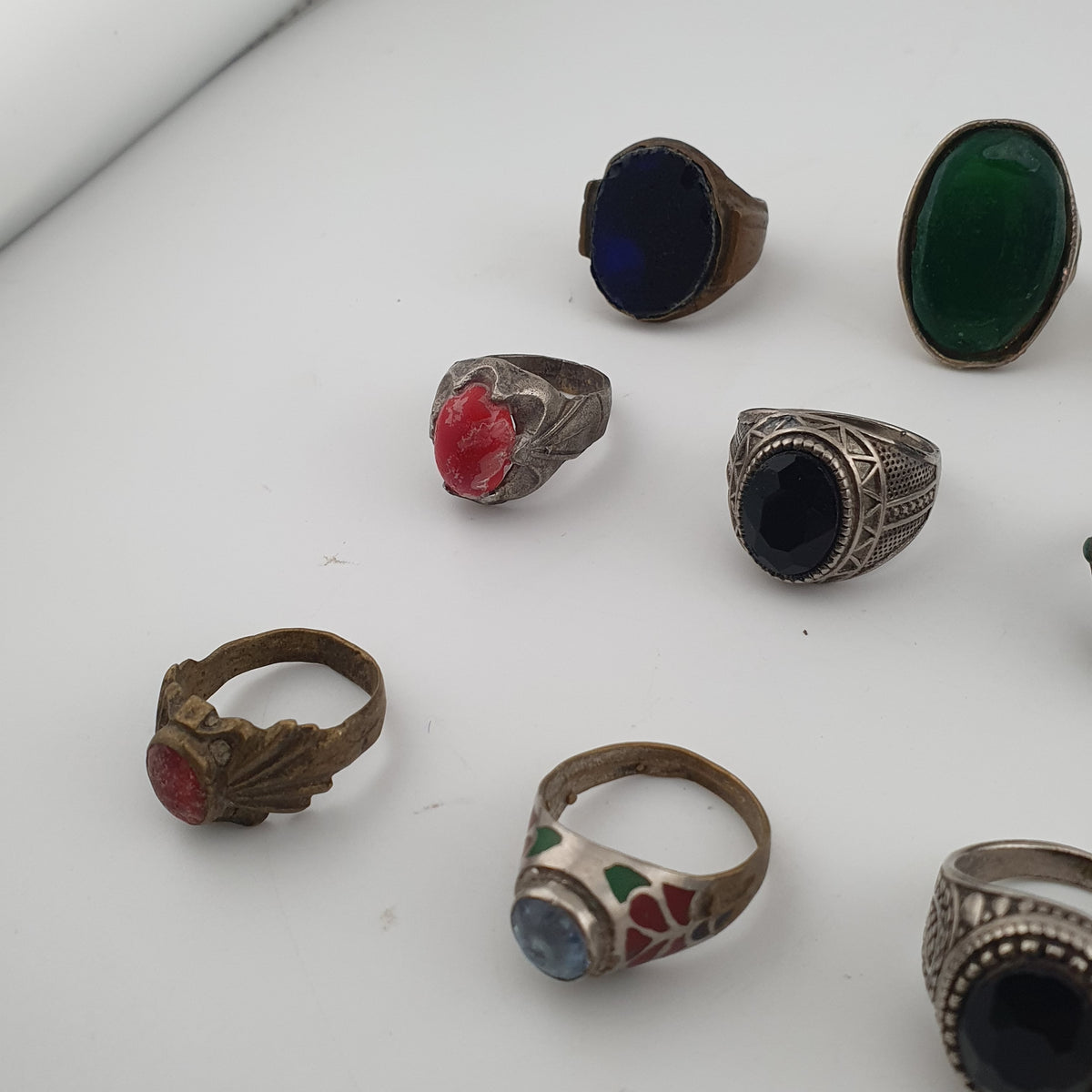 Antique Ring Collection Lot of 15 Brass Stone & Glass Rings