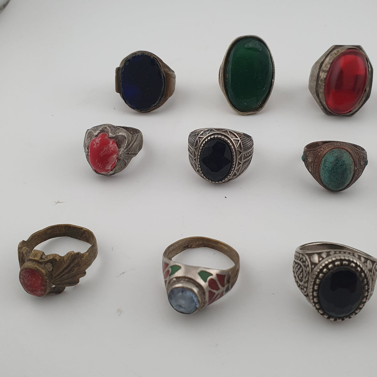 Antique Ring Collection Lot of 15 Brass Stone & Glass Rings