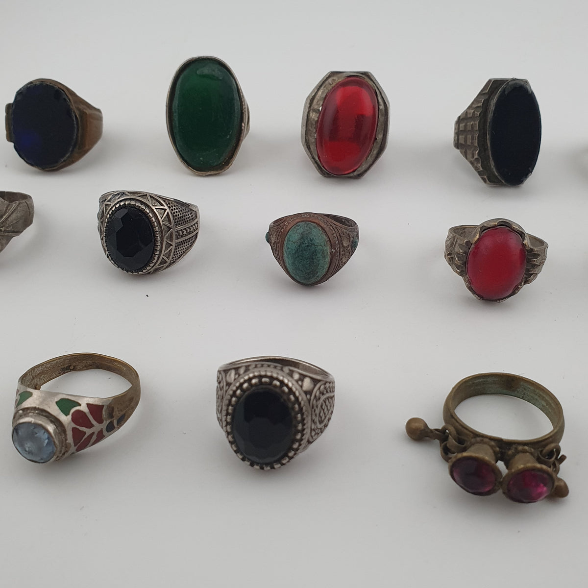 Antique Ring Collection Lot of 15 Brass Stone & Glass Rings